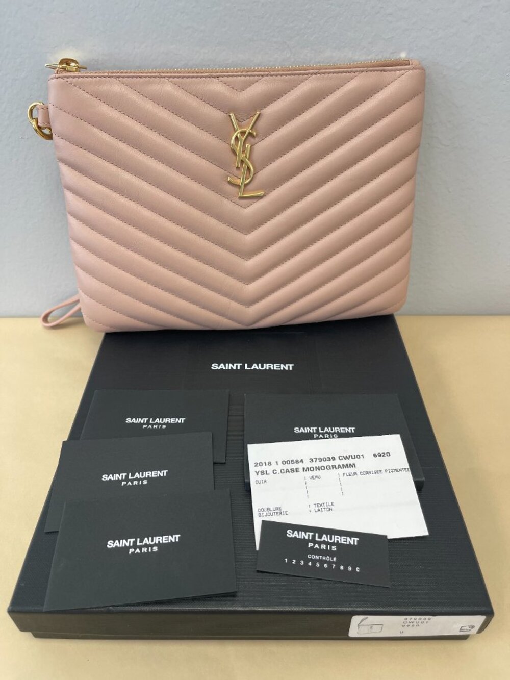Saint Laurent Classic Monogram Wristlet Pouch Matelasse Chevron Leather-Preowned - Picture 6 of 13